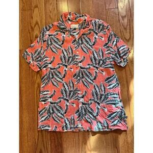 Civil Society Coral Black Leaf Print Hawaiian Shirt Short Sleeve ButtonUp Medium